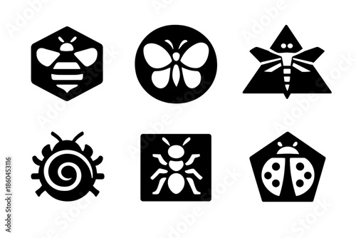 Geometric Insect Icons. Solid style icons of Insect Abstractions: hexagon bee, circle butterfly, triangle dragonfly, spiral beetle