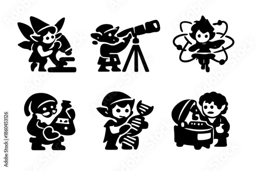 Mystical Science Icons. Solid style icons of Mystical Discovery: microscope fairy, telescope goblin, atom sprite, lab flask dwarf,