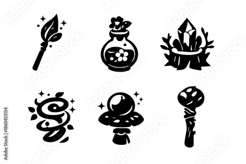 Nature Sorcery Icons. Solid style icons of Nature Sorcery: leaf wand, flower potion, tree crystal, vine spell, mushroom orb, stone