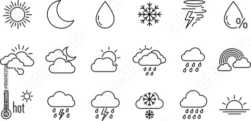 Comprehensive weather forecast line icon set featuring sun moon clouds rain snow thunder rainbows and temperature climate monitoring symbols