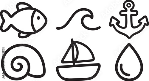 Black outline of a fish wave anchor seashell sailboat and water drop