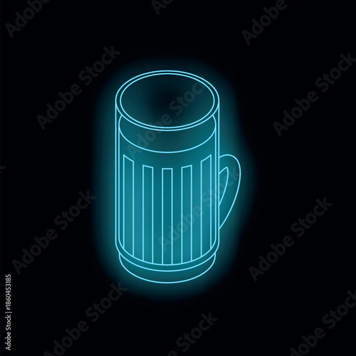 Bright neon blue beer mug glowing on dark background, creating a vibrant and eye catching image