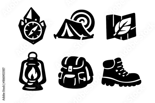 Outdoor Adventure Icons. Solid style icons of Outdoor Adventure: compass crystal, tent spiral, map leaf, lantern flame, backpack