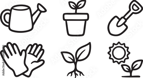 Black outline of gardening tools plant seedling and sun on white background sprout