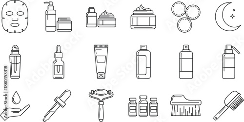 Evening skincare routine and facial treatment line icons featuring sheet masks serum droppers jade rollers night creams and moon symbols for beauty products