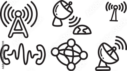 Collection of black line representing communication and technology network signal antenna