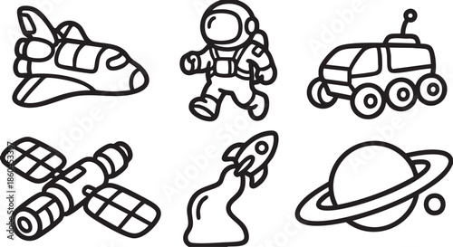 Collection of black line space including shuttle astronaut rover satellite rocket and planet