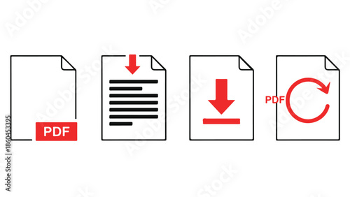 PDF file format icon set with download symbols for text, image, vector, video and interactive form files. Stock vector illustration.