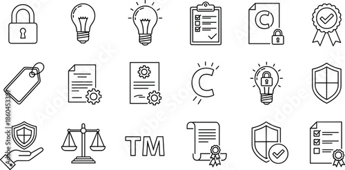 Complete set of intellectual property and copyright line icons featuring registered trademarks legal protection shields patent documents light bulbs and secure identity symbols