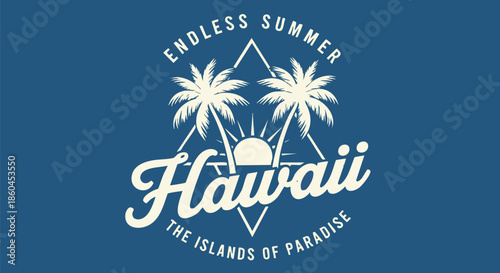 Vintage Hawaii graphic with palm trees, sun, and mountains; "Endless Summer" text.