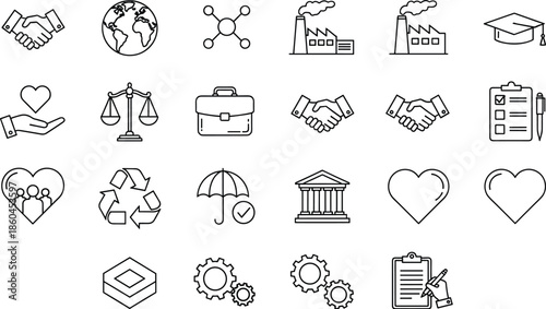Complete set of corporate social responsibility line icons featuring global partnerships business ethics environmental care justice scales and community support symbols