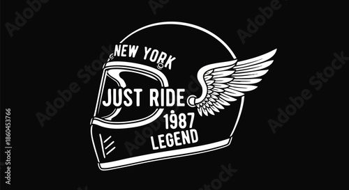 Vintage Motorcycle Helmet with Wings and "Just Ride Legend 1987" Text for T-shirt Design.