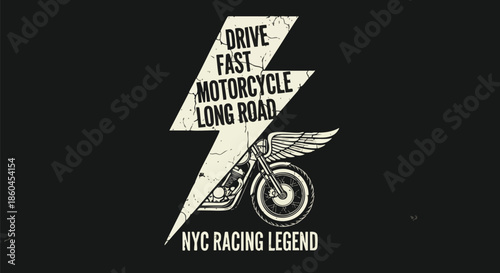 Vintage Motorcycle with Wings and Lightning Bolt Graphic for T-Shirts and Apparel.