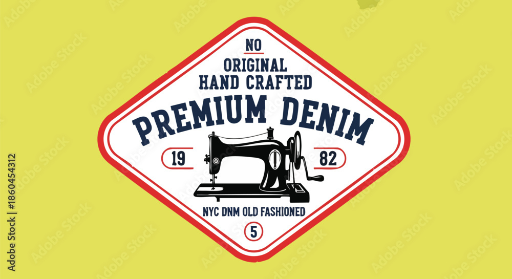 Obraz premium Vintage Premium Denim Logo with Sewing Machine and Retro Styled Text for Apparel Brands.