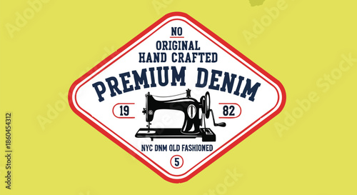 Vintage Premium Denim Logo with Sewing Machine and Retro Styled Text for Apparel Brands.