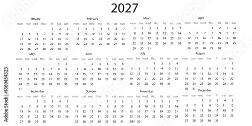 Minimalist style monthly calendar template for year. English calendar. Week starts on Sunday. Set of 12 months. Simple elegant design. Square composition