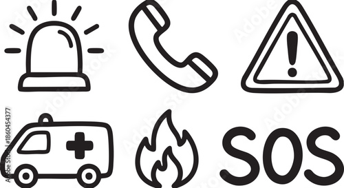 Emergency siren phone warning sign ambulance fire and S O S text light call