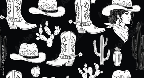 Western Cowboy Boot and Hat Seamless Pattern: Desert Landscape and Cactus Elements for Textile and Design.