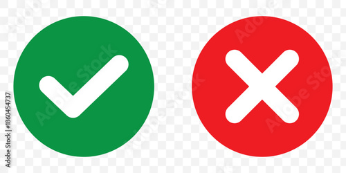 Sharp green checkmark and red cross on isolated white background vector symbol for right and wrong choices. Modern flat design, Checkmark icon set. Checkmark right symbol tick sign