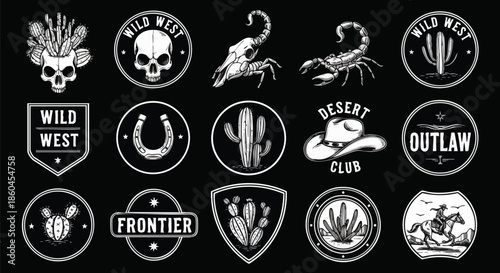 Wild West Icon Collection: Skulls, Cacti, Cowboys, and Deserts for Branding and Design.