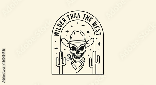 Wild West Skull Cowboy Emblem with Cacti and Stars Illustration.