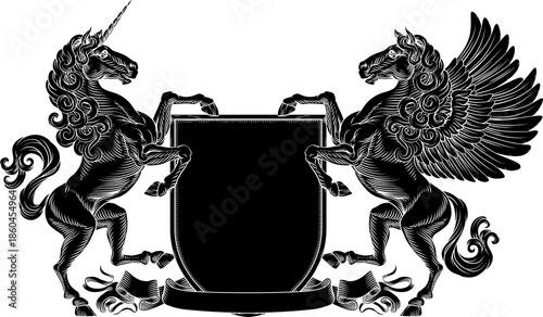 A heraldry crest Unicorn an...