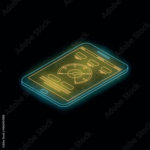 Isometric view of mobile phone with glowing neon user interface showing performance and analytics data
