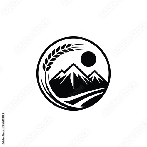 Black and white farming logo with wheat ears mountains and sun in circle simple agriculture landscape graphic icon