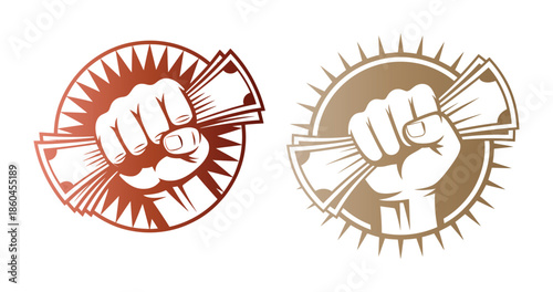 Hand holding money banknotes within sunburst circle design emblem set in copper and gold metallic colors vector graphics