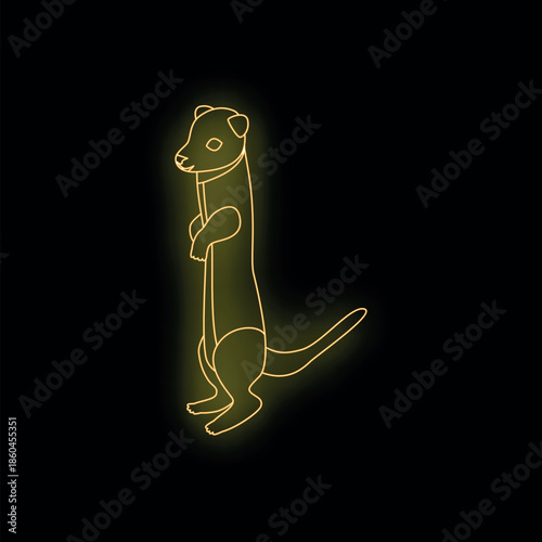 Neon light effect of a ferret standing up on its hind legs, glowing yellow on black background