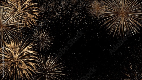 New year's eve celebration with ultra realistic golden sparkles and blooming fireworks in sky, black background, banner format with copy space at top, horizontal layout and high resolution