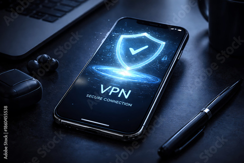 Smartphone on office desk displaying secure VPN connection interface with shield icon and glowing light