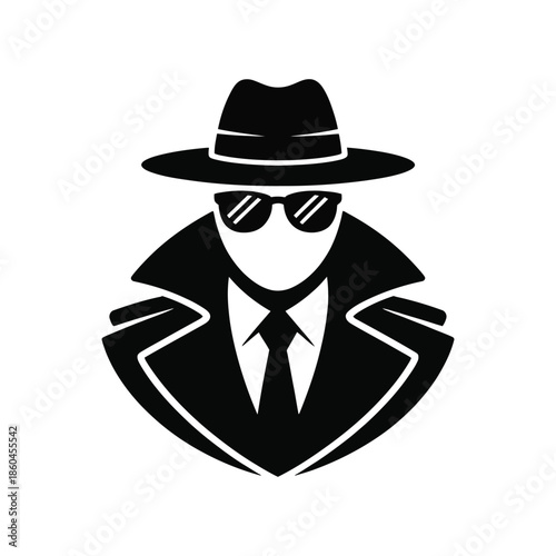 Black silhouette of a detective wearing a hat and sunglasses isolated on a transparent background spy agent icon