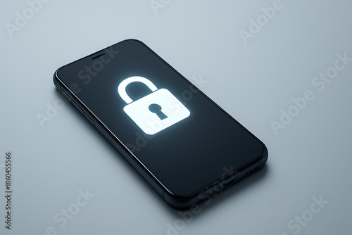 Glowing digital padlock icon on smartphone screen representing mobile phone security and privacy.