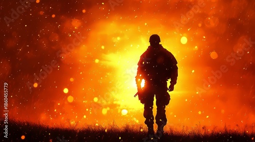 Soldier silhouette standing on battlefield with fiery explosion