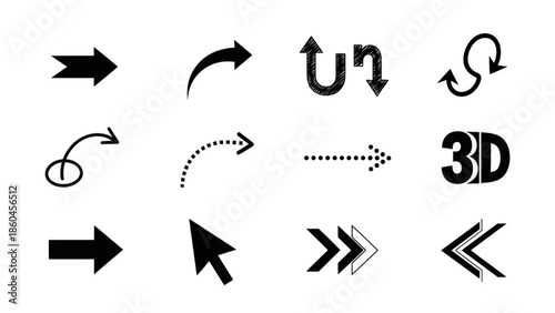 Arrows Icon Collection with Directional Pointers Navigation Symbols and 3D Text on White Background