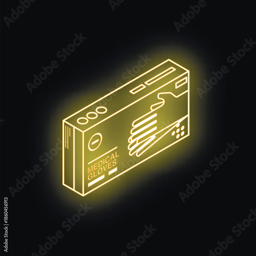 Glowing yellow neon sign representing a box of medical gloves, isolated on a black background