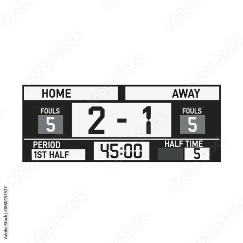 A scoreboard displaying the home and away scores, period, time remaining, and fouls