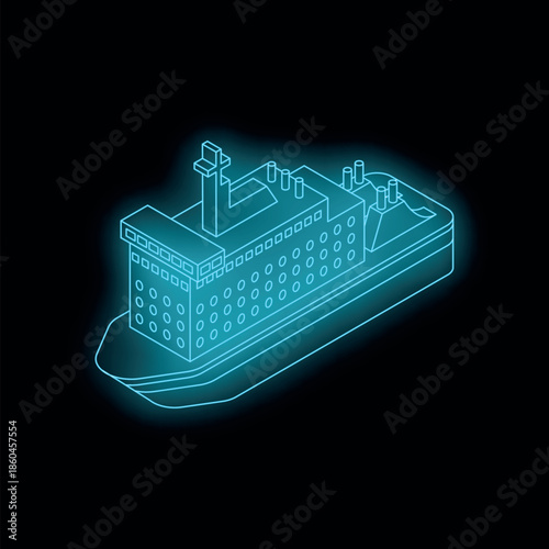 Neon blue isometric nuclear powered icebreaker floats on black background, showcasing advanced maritime technology