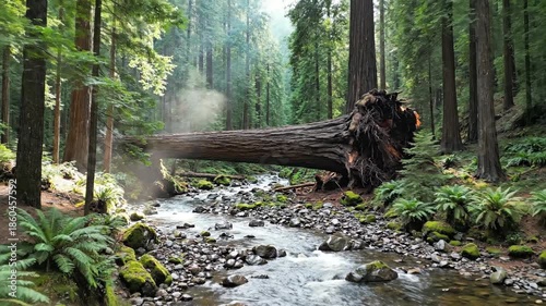 A colossal fallen redwood tree spans across a rocky riverbed in a lush, sun-dappled forest.