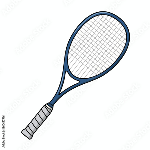 A cartoon tennis racket with blue frame, mesh, and striped handle