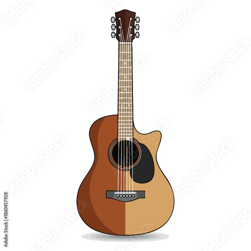 A brown acoustic guitar with cutaway, detailed strings, and a soundhole