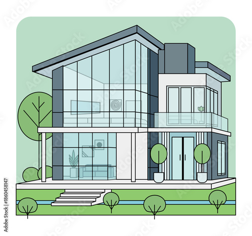 Modern minimalist luxury villa with architectural lighting and serene landscaping at dusk, Editable AI file