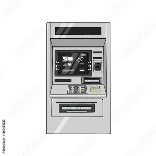 Cartoon-style ATM machine with screen showing graphs and symbols