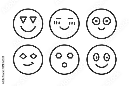 Shape Psychology Icons. Line style circular vector icons of shape psychology: triangle eyes happy, square cheeks shy, circle eyes