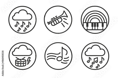 Musical Weather Icons. Line style circular vector icons of atmospheric rhythm: rain of eighth notes, trumpet cloudburst, rainbow