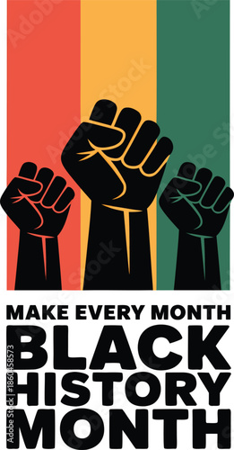 Raised fists in solidarity against a vibrant striped background promoting black history and equality for all