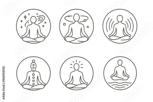 Celestial Meditation Icons. Line style circular vector icons of celestial meditation: meditating figure with glowing universe