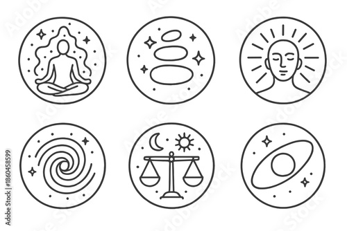 Cosmic Yogi Icons. Line style circular vector icons of spiritual cosmos: seated yogi with nebula glow, hovering stones, radiating