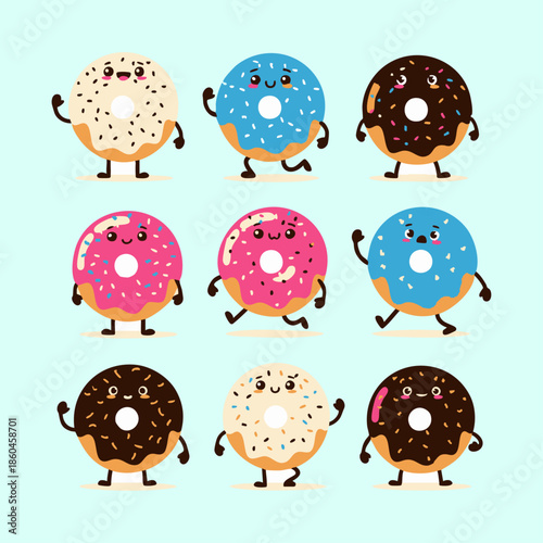 Cartoon Donuts with Funny Faces and Sprinkles.